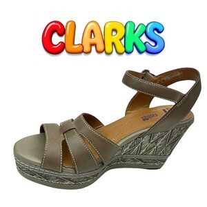 Clarks Taupe Multi Leather Platform Wedge Sandals Peep Toe Size 8.5 Medium